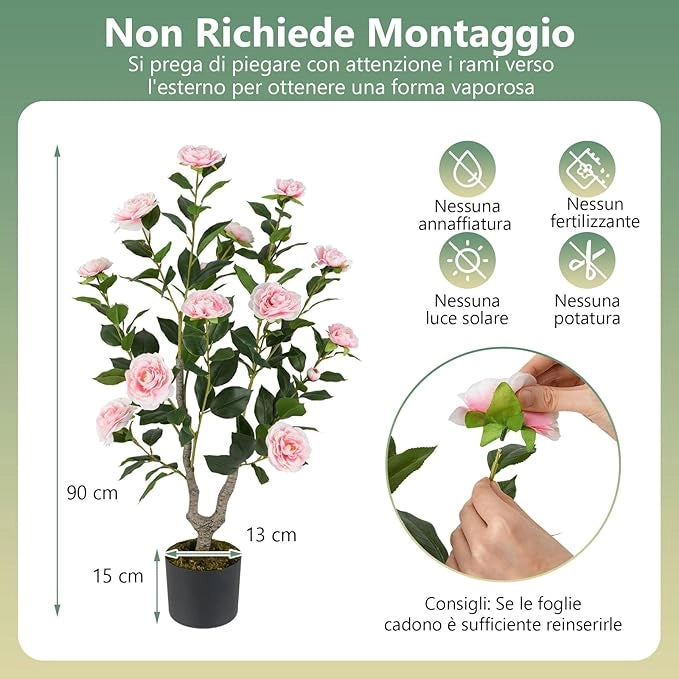 Albero di Camelia Artificiale 90 cm, Pianta Finta in Vaso con 16 Fiori Vivaci e 116 Foglie Vibranti, Pianta Decorativa per Soggiorno, Camera da Letto, Ufficio e Veranda (Rosa)