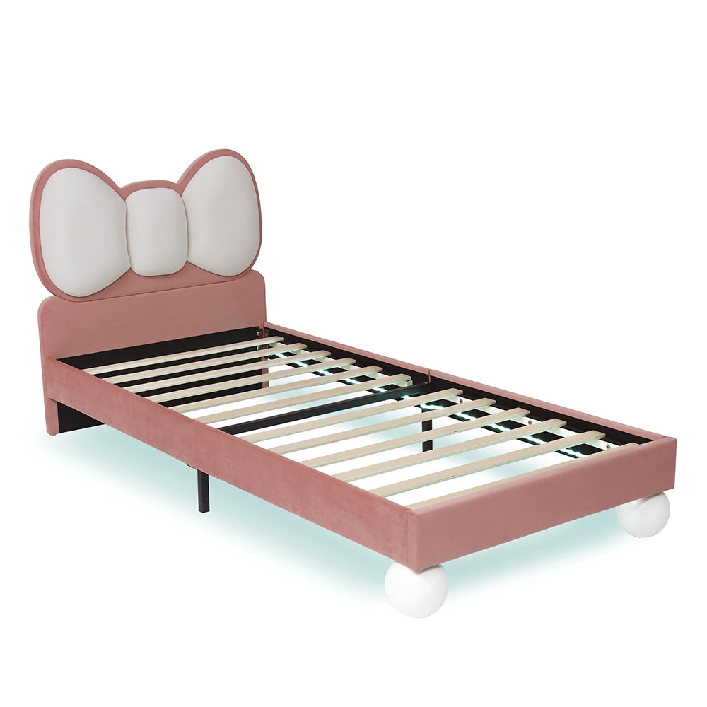 Letto bambino-Xylo-90x200 cm-testa mosca, LED regolabile, velluto, beige+rosa