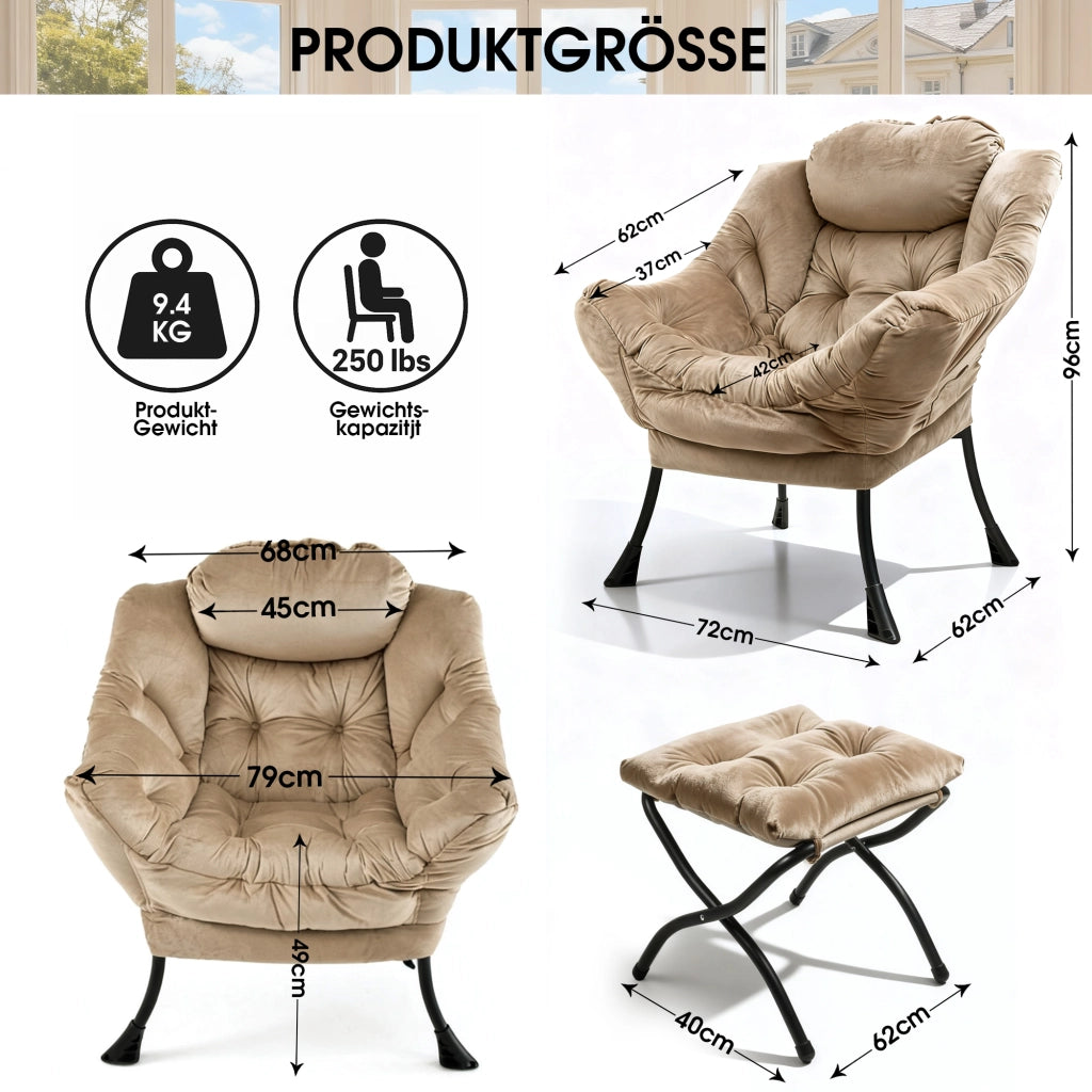 Poltrona con poggiapiedi e tasca laterale con braccioli imbottiti e cuscino ergonomico in tessuto khaki