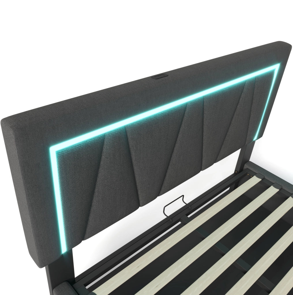 LETTO matrimoniale 140x200 cm in lino grigio con materasso, LED e USB