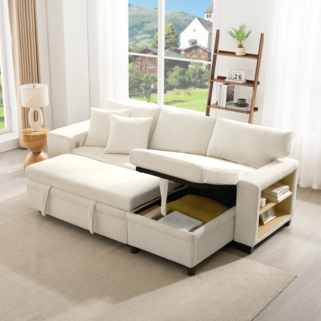 Divano Letto Angolare Convertibile con Contenitore; USB e Tipo C; Ripiano Laterale; in Velluto a Coste Beige