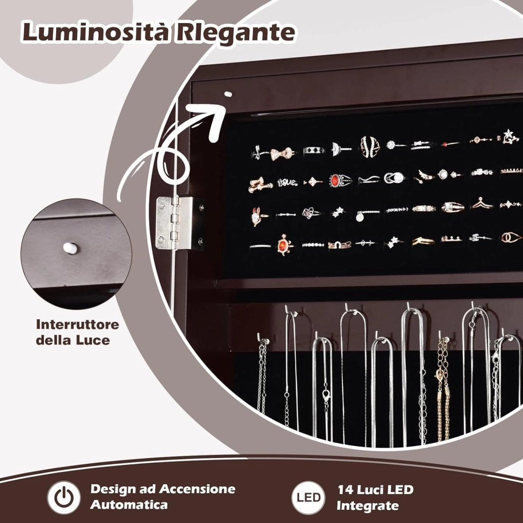 Armadietto Portagioie Specchiera per Gioielli con Chiave e Luci LED, Specchio Figura Intera da Terra, 160x41,5x37cm (Marrone)