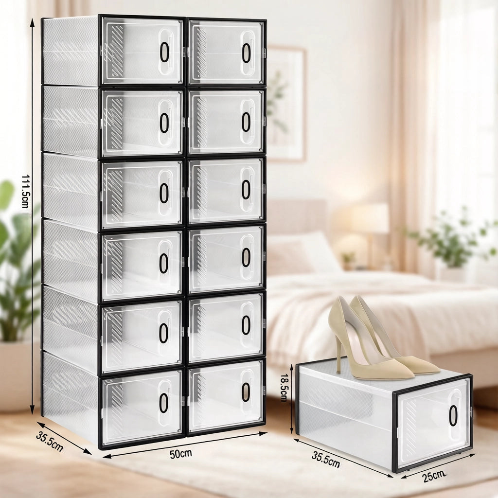 Scarpiera modulare in plastica con 12 box impilabili per scarpe, per camera da letto e bagno, nero trasparente