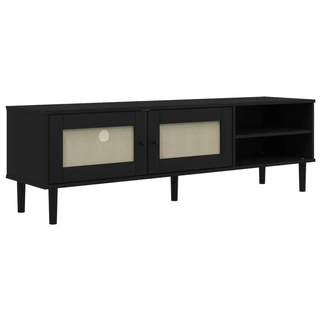 Mobile TV SENJA Aspetto Rattan Nero 158x40x49 cm Massello Pinocod mxl 84508