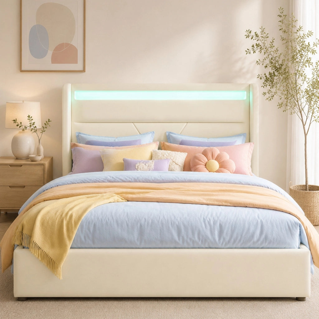 Letto matrimoniale imbottito 140x200 cm con contenitore e LED, bianco