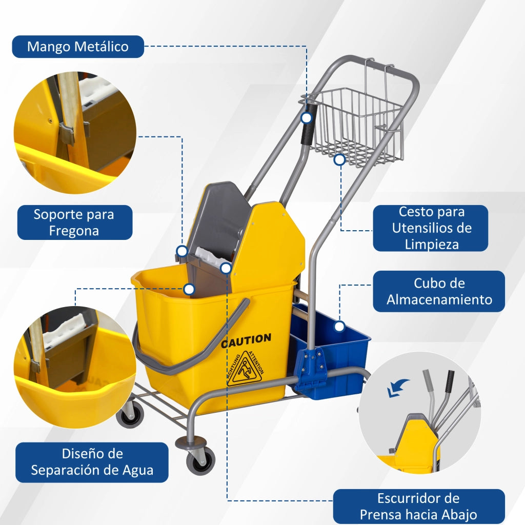 Carrello Pulizia con 2 Secchi 25L Scopa e Scaffali ¨C zephmum ¨C Giallo 72x49,5x95 cm