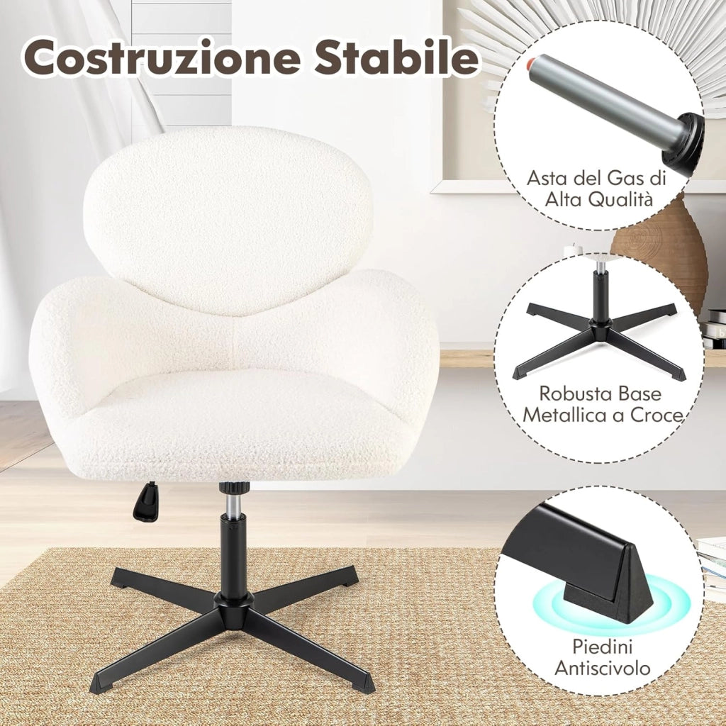 Sedia Girevole a Gambe Incrociate, con Altezza Regolabile, Sedia Scrivania con Base Metallica, Seduta Ampia da Scrivania, Ideale per Ufficio a Casa, Camera da Letto, Portata 160 kg