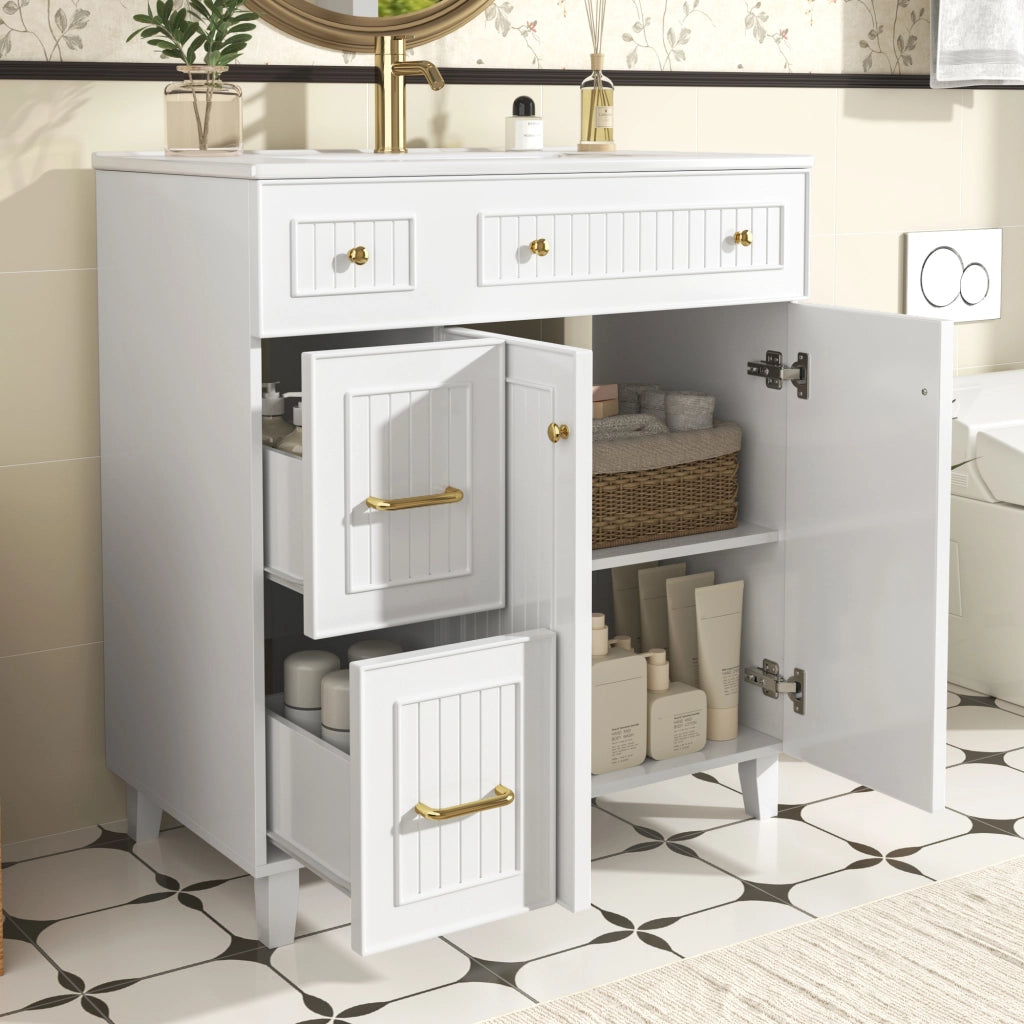 Mobile sotto lavabo con lavabo in ceramica; 1 anta e più cassetti; per bagno; 81.7 cm