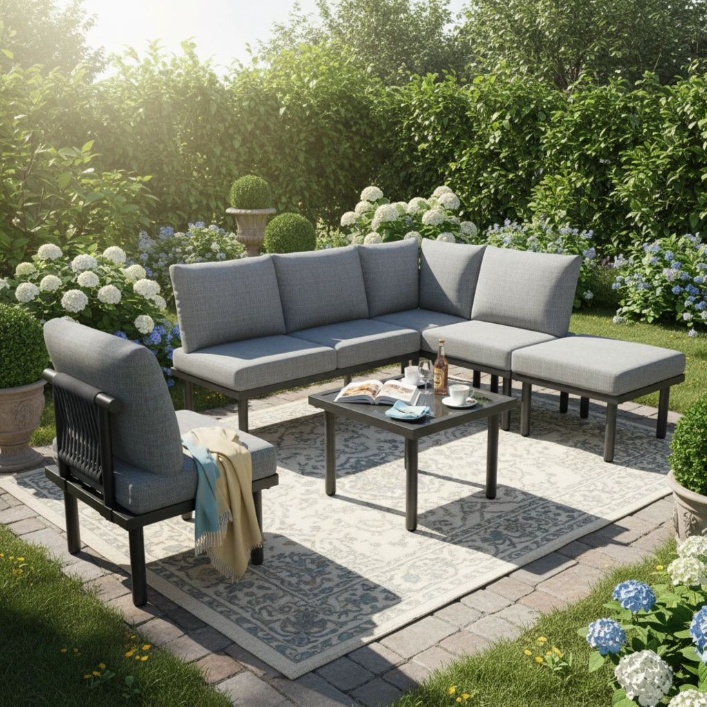 Set Lounge da Giardino 6 Posti in Corda e Vetro con Cuscini ¨C MINIMAL ¨C Grigio