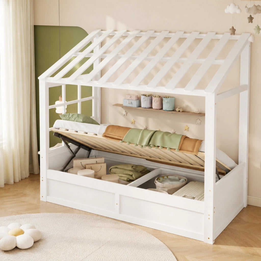 Letto per bambini 90 x 200 cm con contenitore idraulico e vani laterali; bianco
