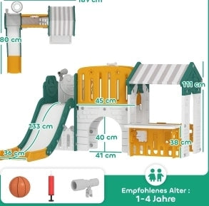 Parco giochi per bambini ULEVR 7 in 1 con scivolo, casetta, parete da arrampicata e canestro, giallo