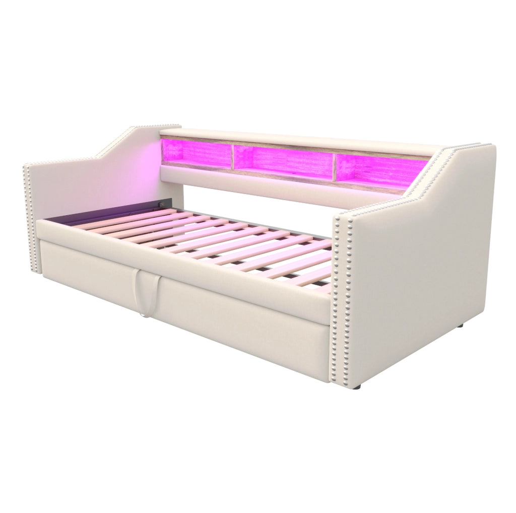 Divano letto imbottito estraibile 90/180 x 190 cm con LED; USB; rete a doghe e 2 materassi beige