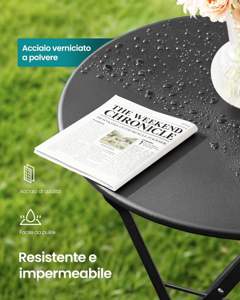 SONGMICS Set da Giardino da Esterno, 3 Pezzi, 2 Sedie, 1 Tavolo, Pieghevole, Salottino da Esterno, Acciaio, Resistente alle Intemperie, per Balcone, Terrazza, Nero Inchiostro GGF036BZ01