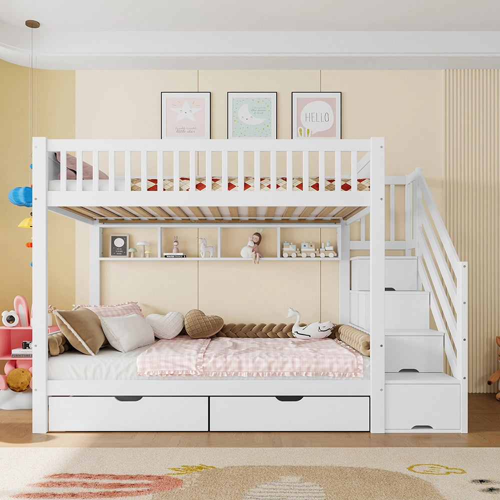 Letto a castello 90x200cm - Xylo - bianco, cassetti, ripiani, armadio