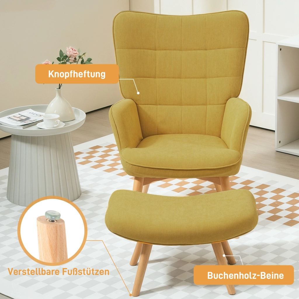 Poltrona Relax con Poggiapiedi in Tessuto e Gambe in Legno ¨C Zephmum ¨C Arancione
