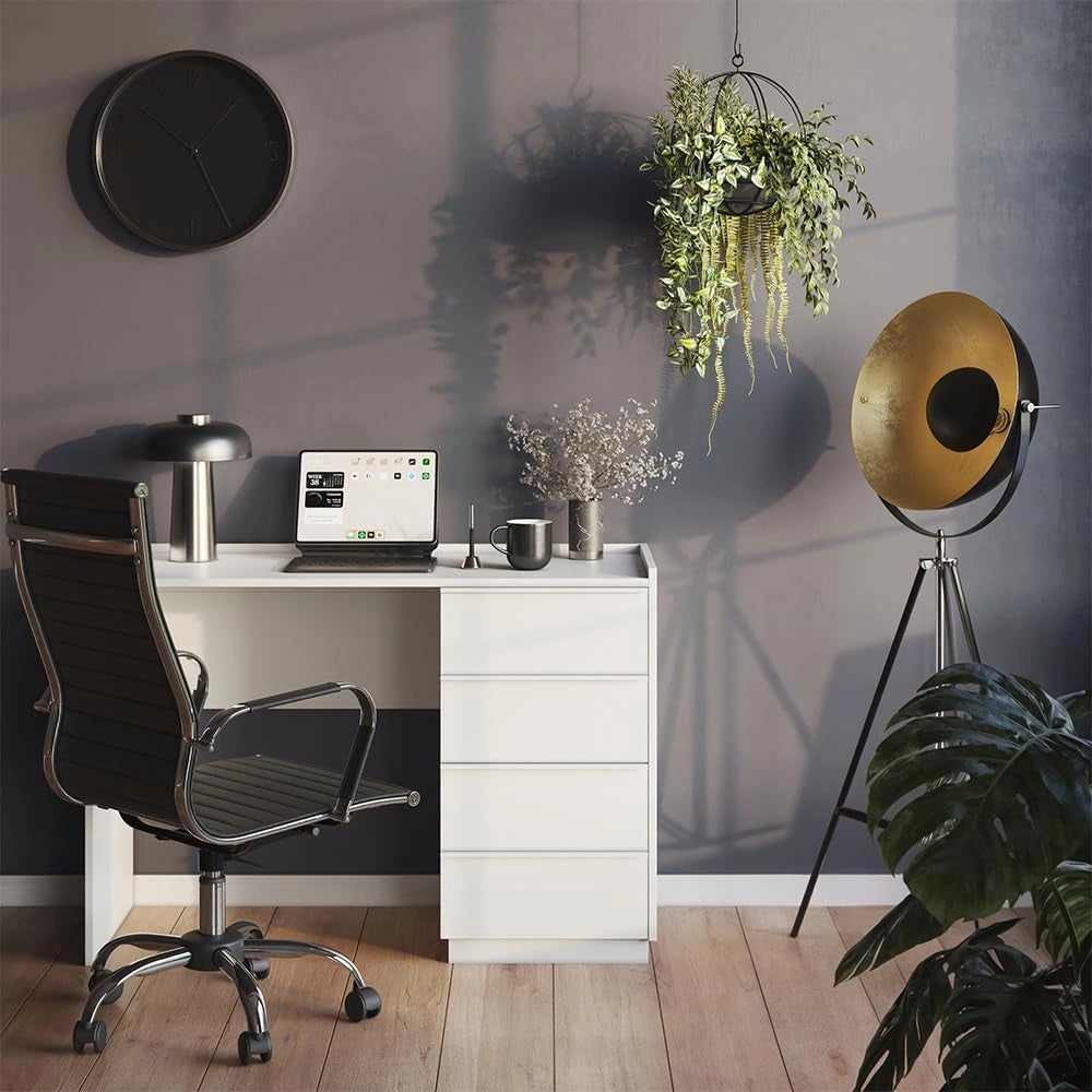 Scrivania Viktoria, Bianco, 110 x 45 cm con 4 cassetti, adatto come postazione di lavoro per smart working e studio