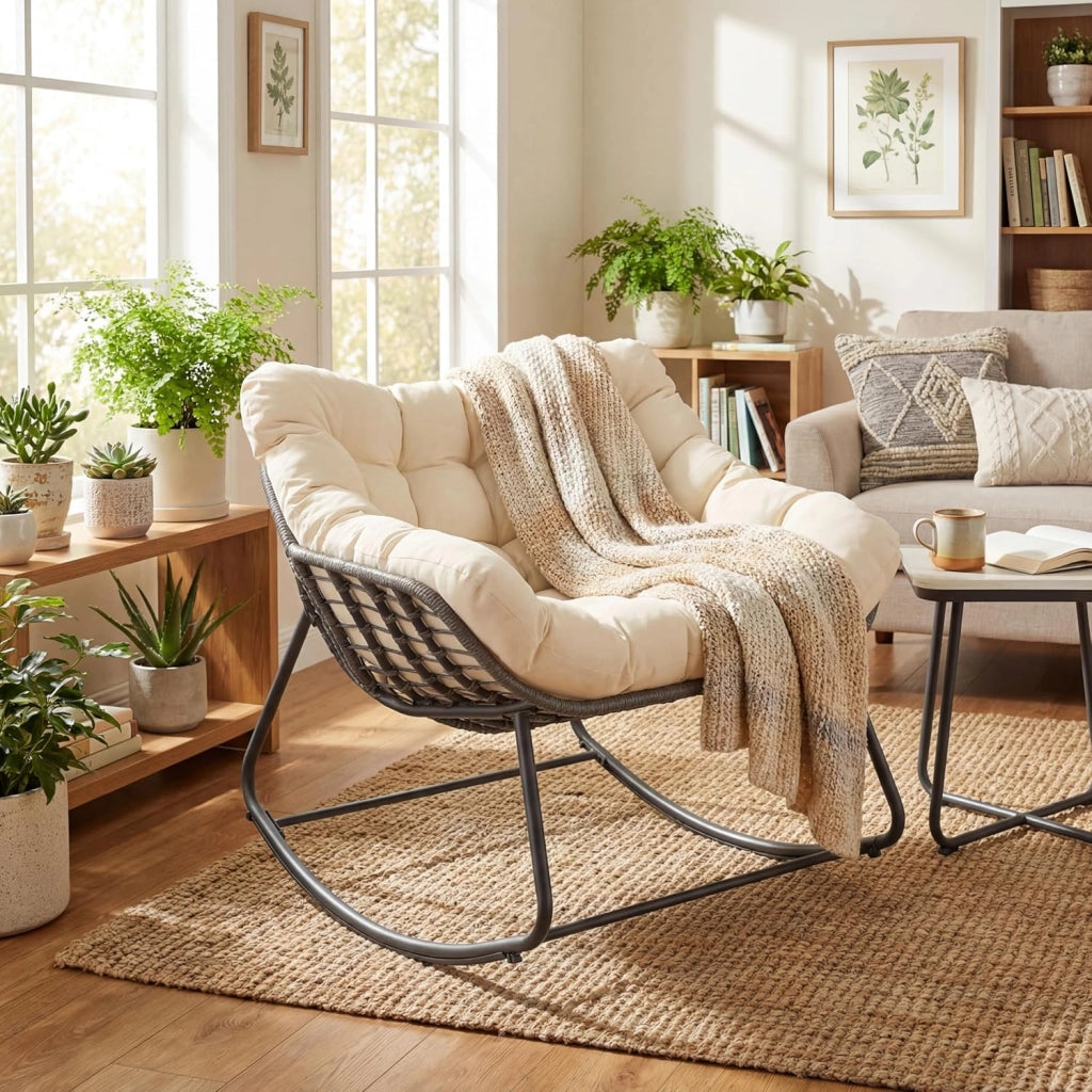 Sedia a Dondolo da Esterno e Interno, Poltrona Relax da Giardino in Rattan PE, con Cuscino Imbottito, Sedile Ampio e Antiribaltamento, per Salotto, Balcone, Terrazza, Portata 150 kg, Beige