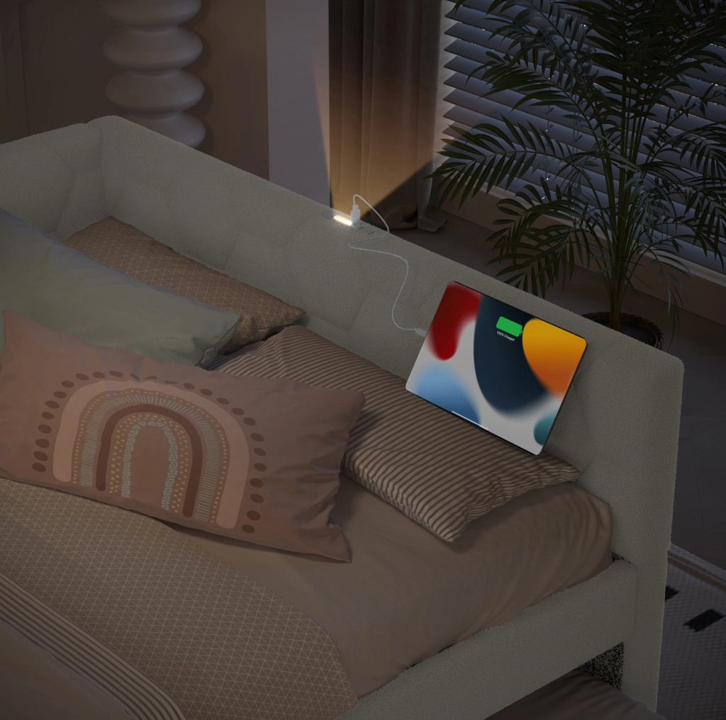 Letto da giorno 140×200 cm con letto estraibile, USB, Type-C e luce, bianco