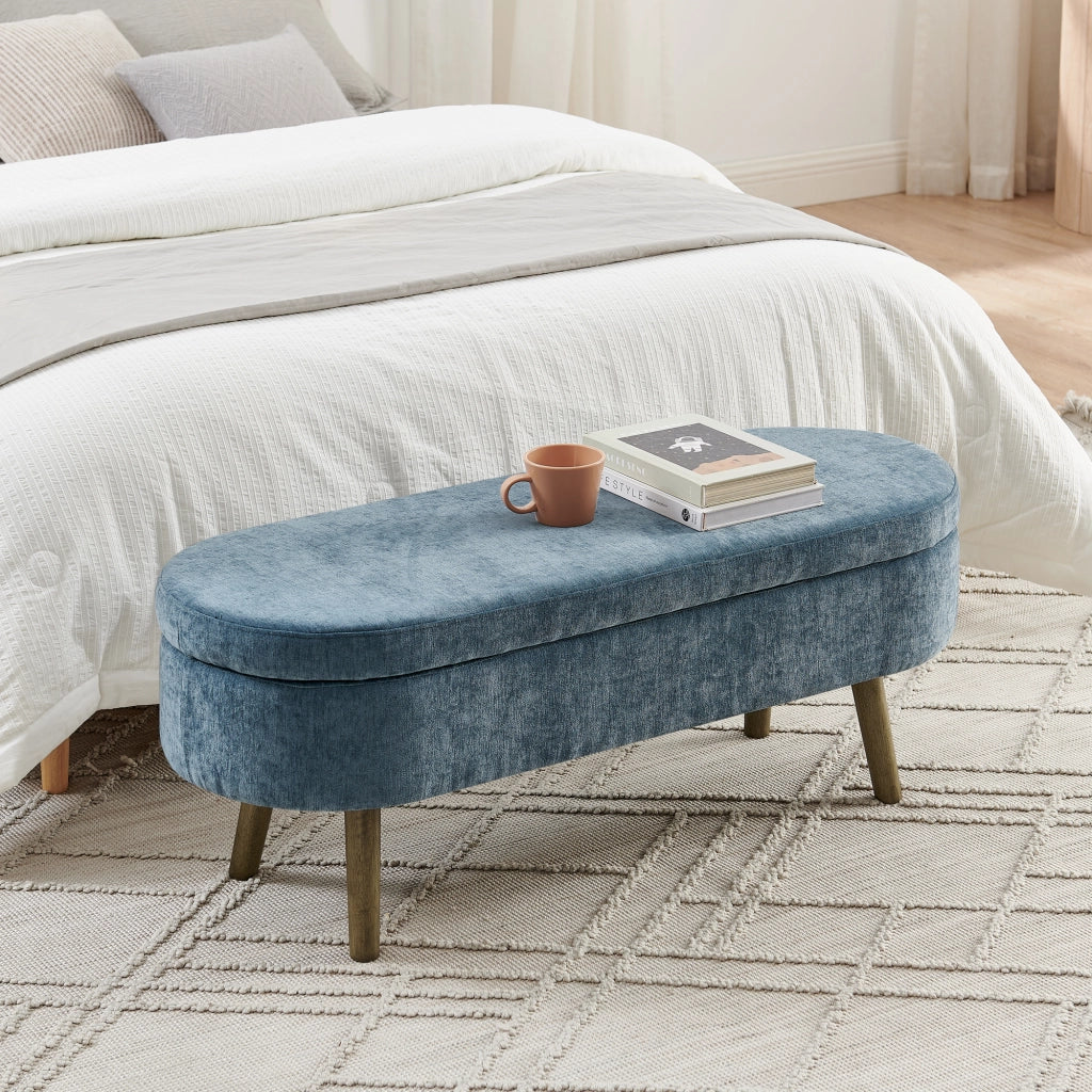 Panca contenitore in chenille con vano portaoggetti da 20 l e struttura in legno massello blu 110 × 40 × 42 cm