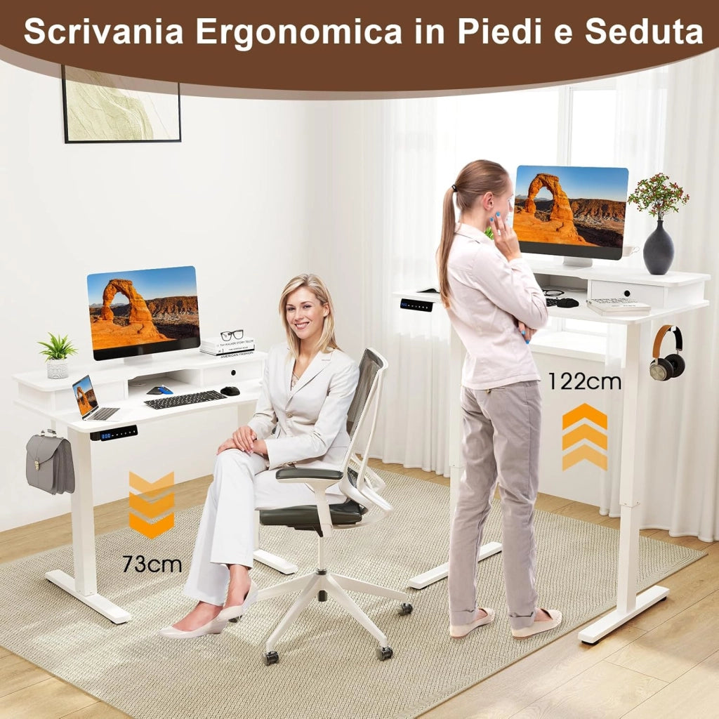 Scrivania Regolabile in Altezza con 2 Cassetti, Scrivania con Supporto per Monitor, Mensola, 2 Ganci e 3 Altezze Preimpostate, Tavolo da Lavoro per Ufficio, Studio e Camera da Letto (Bianco)