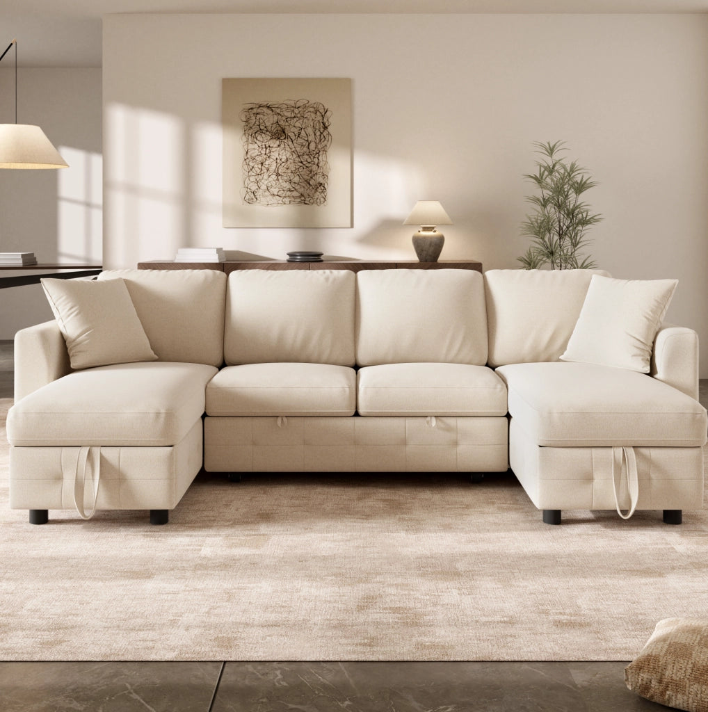 Divano letto angolare a U in chenille beige con contenitore, USB e Type-C