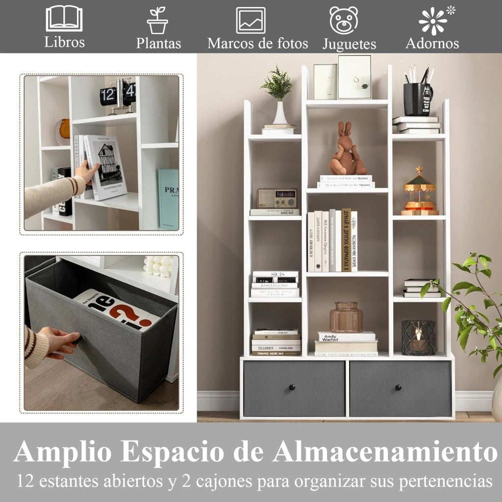 Scaffali portaoggetti a 12 livelli, scaffale in legno, 2 cassetti, scaffale con scomparti aperti, per ufficio, studio, soggiorno, camera da letto, 80 x 24 x 132 cm (bianco)