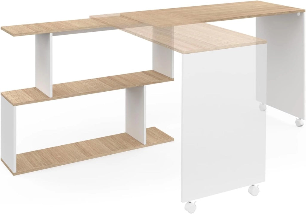 JOY Scrivania angolare girevole a 180° Scaffale a S in legno effetto faggio e bianco