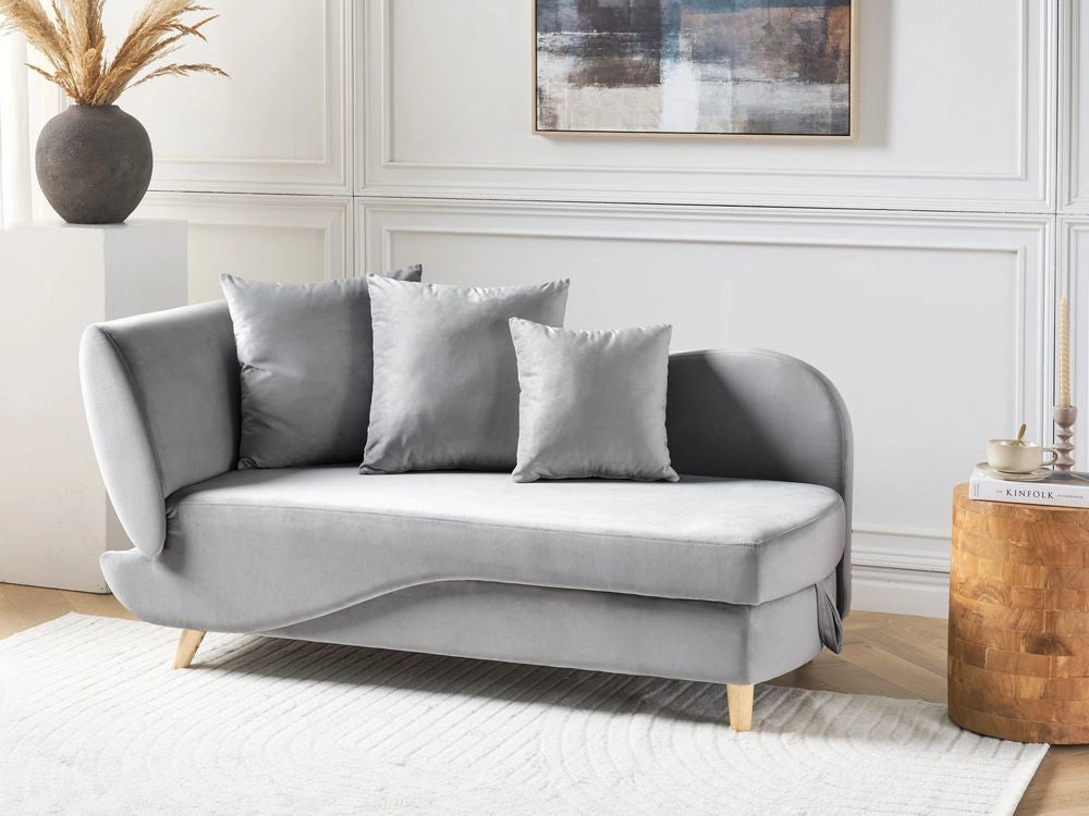 Chaise Longue in velluto grigio chiaro lato sinistro con contenitore stile moderno soggiorno