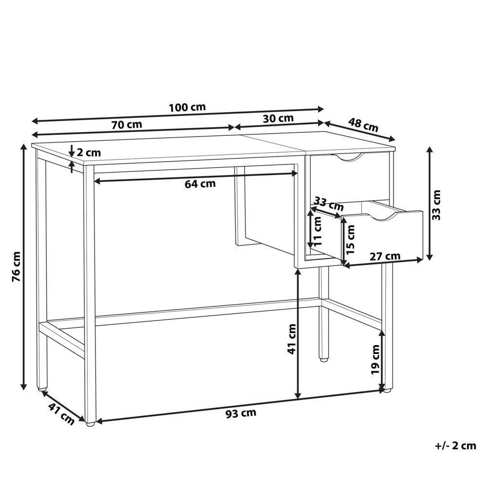 Scrivania Home Office Nera con Struttura in Metallo Legno Chiaro 100 x 48 cm Vano Portaoggetti 2 Cassetti Piano in PVC