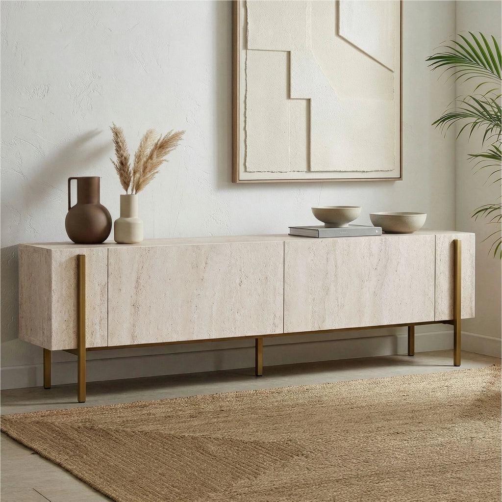 Porta TV in legno "Nexus" - 180 x 30 x 45 cm - Travertino / Oro
