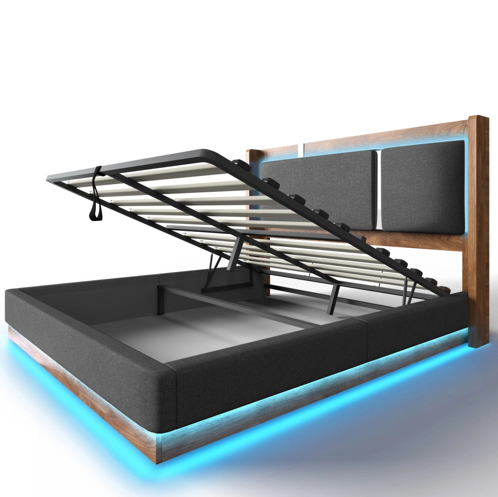 Letto matrimoniale 160x200 con LED, vano contenitore e testiera imbottita