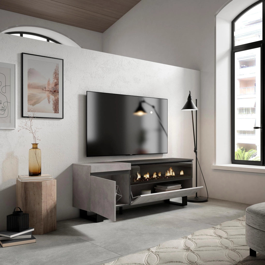 Mobile TV Soggiorno, 150x35x57cm, Per TV fino a 65", Camino elettrico, Design industriale, grigio cemento RF2473