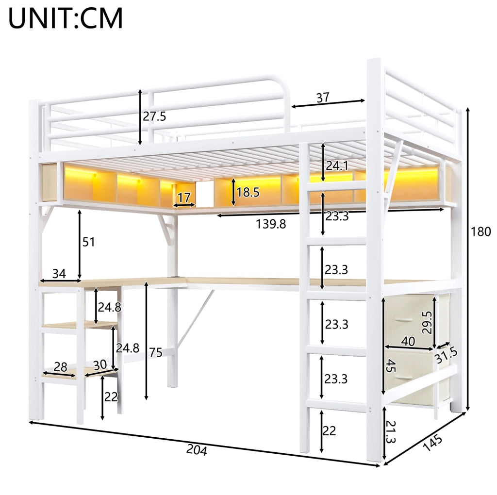 Letto a soppalco 140x200 cm in MDF e metallo bianco con scrivania; libreria; LED e vani contenitore