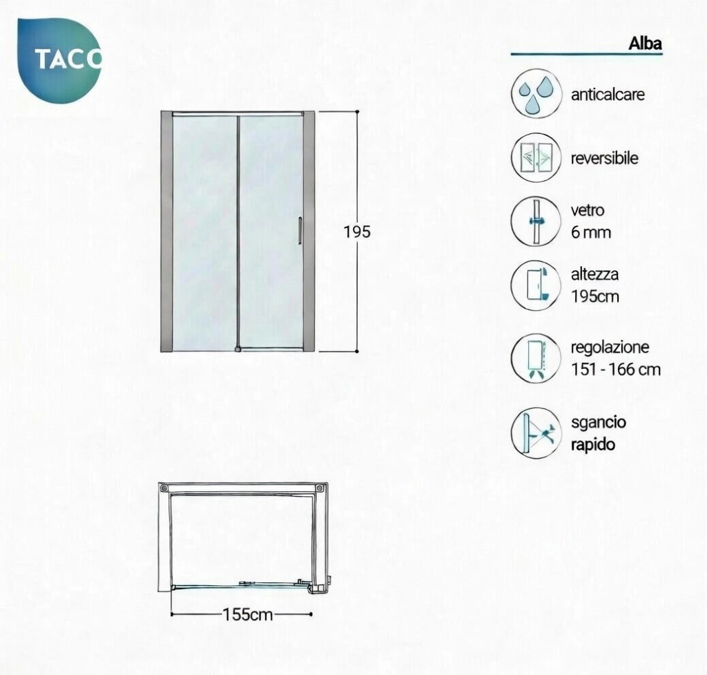 Box doccia a nicchia 155 cm porta scorrevole apertura laterale H195 cm ALBA Cromato