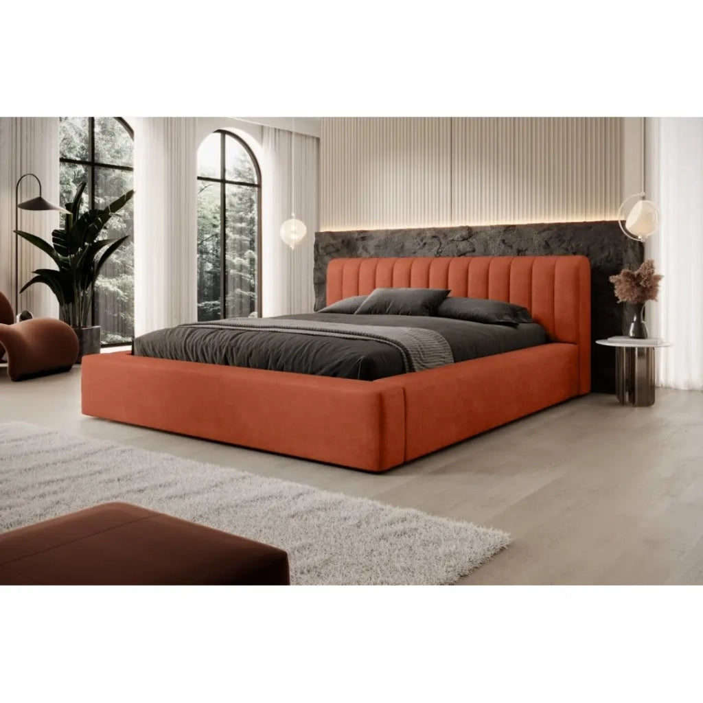 Letto contenitore CERVIN – Velluto morbido Mattone Toscano – 180x200 cm – Rete sollevabile – Design elegante