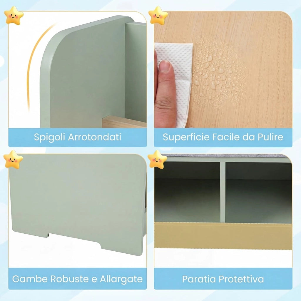 Libreria Montessoriana Salvaspazio per Bambini con Panchina Verde | Porta Libri Bambini con Portariviste a 2 Ripiani, 2 Scomparti Aperti e Cuscino Seduta Rimovibile per Cameretta