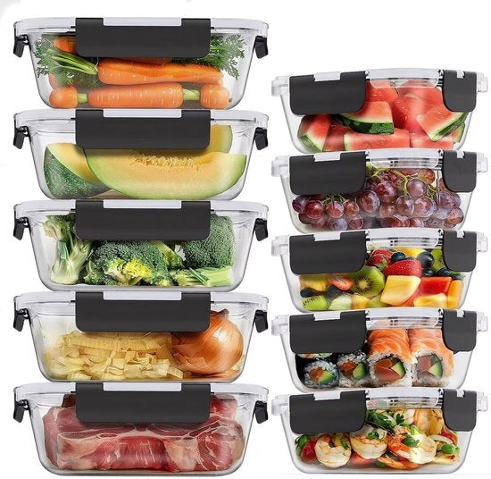 Contenitori alimentari in vetro con coperchi a chiusura rapida, coperchi impermeabili, riutilizzabili, magnetron resistenti, BPA liberi, scatole per picnic (10 contenitori e 10 coperchi), 1040 ml e 370 ml, confezione da 10pz.