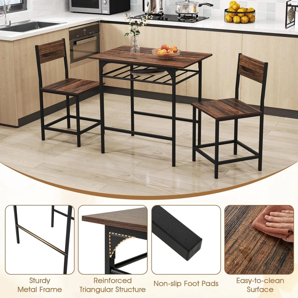 Set da pranzo 3 pezzi, tavolo da pranzo con ripiano per bottiglie e 2 sedie con schienale, design compatto, stile industriale, tavolo da colazione per 2 persone (marrone)
