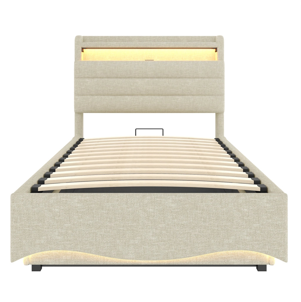 Letto imbottito 90x200 cm con LED; contenitore idraulico e porte USB in lino beige