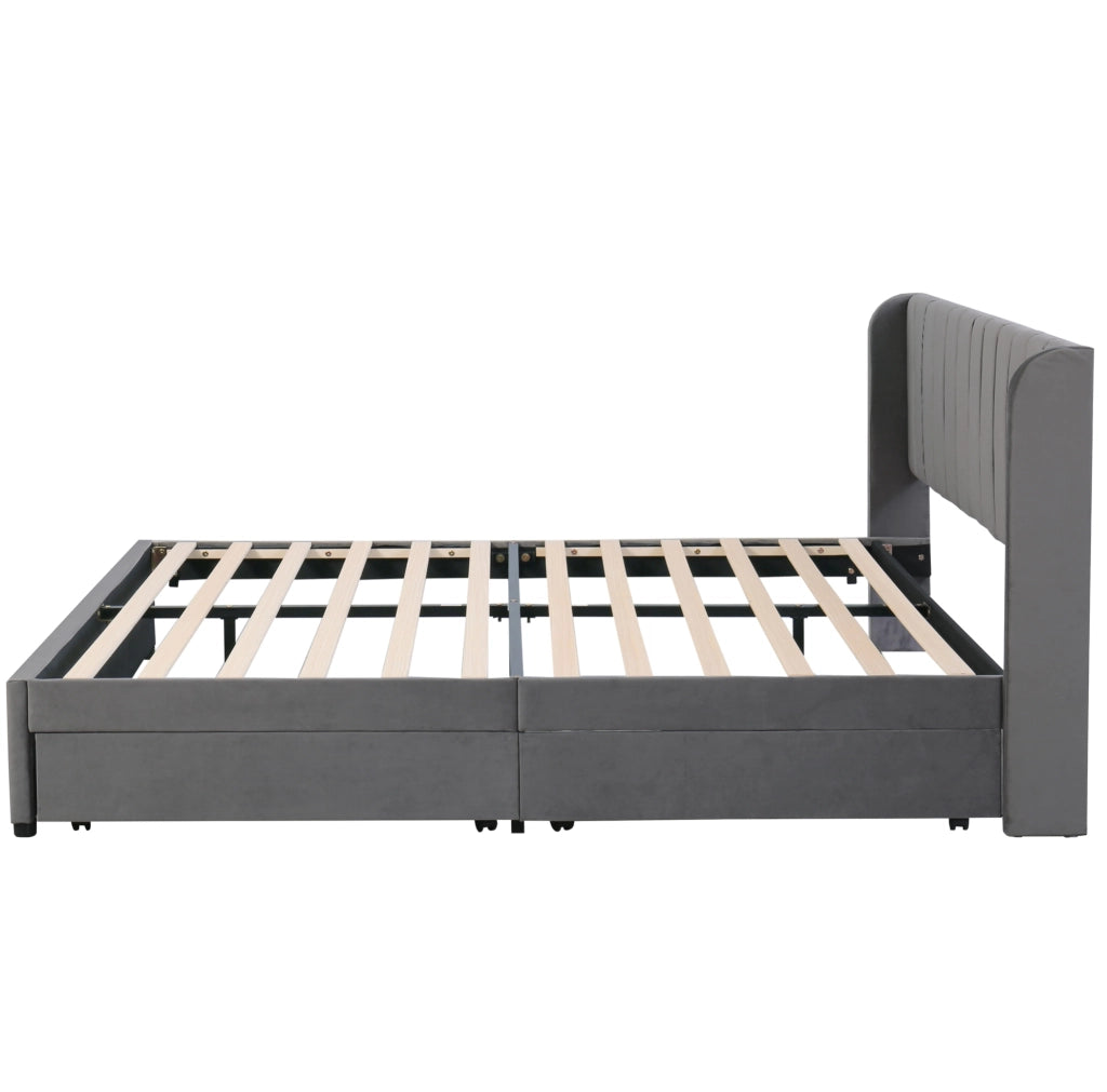 Letto imbottito 180x200 cm in velluto grigio con rete a doghe, testiera e 2 cassetti