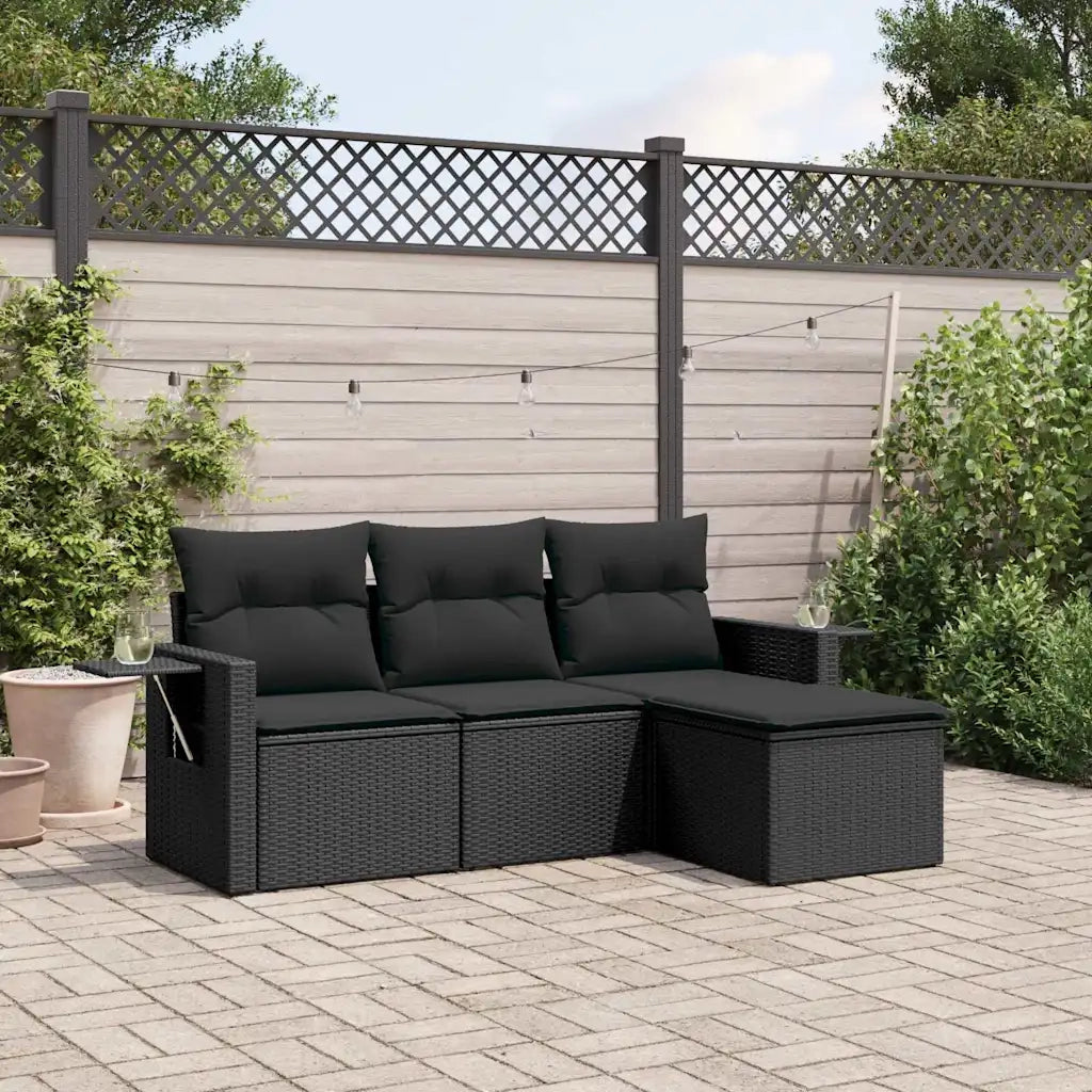 Set Divani da Giardino 4 pz | Set Salotto da Giardino con Cuscini Nero in Polyrattan