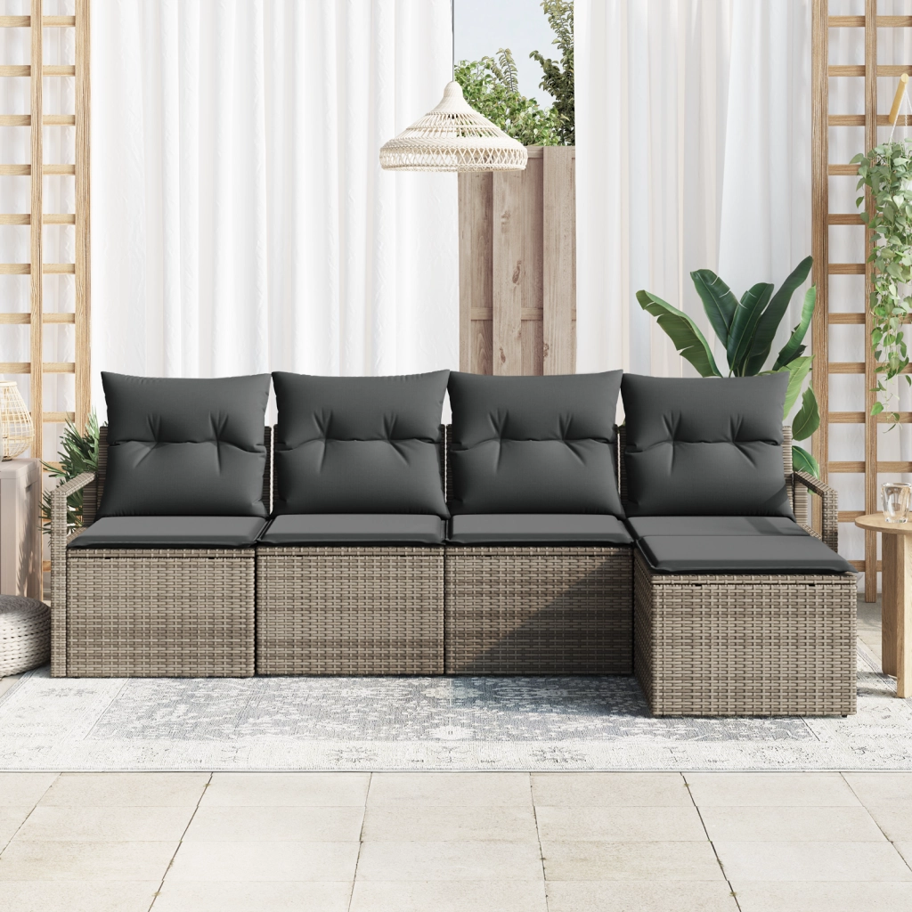 Set di divano da giardino modulare a 5 pezzi con cuscini grigi in rattan poli