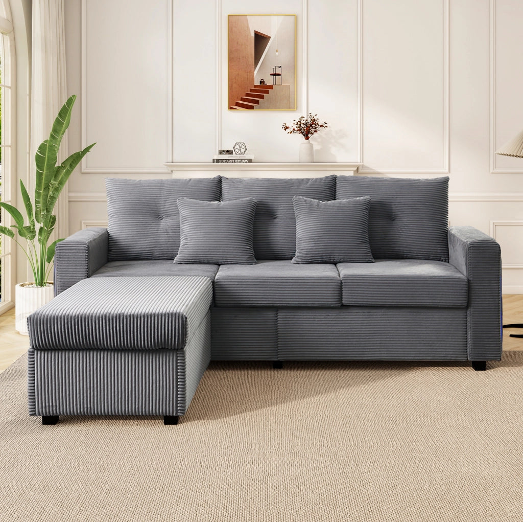 Divano angolare modulare a L con pouf; LED controllate da app; rivestimento in corduroy grigio antico