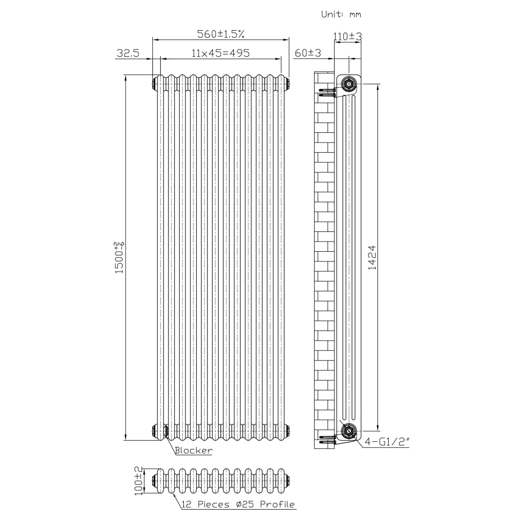 Radiatore 3 Colonne Verticale Metallo Grezzo 1500x560 mm