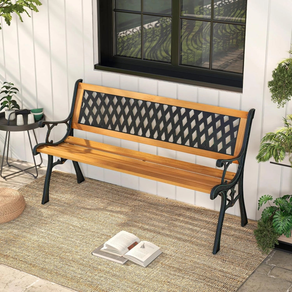 GIANTEX Panca da Giardino a 2 Posti in Legno, Panchina in Ghisa con Schienale e Braccioli, Stile Vintage, per Giardino, Balcone, Terrazza, 125x52x73 cm