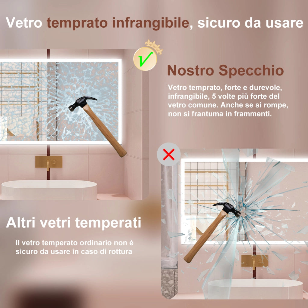 AICA Specchio da bagno  100 x 60 cm, dimmerabile, Funzione Memoria, antiappannamento, 3 colori