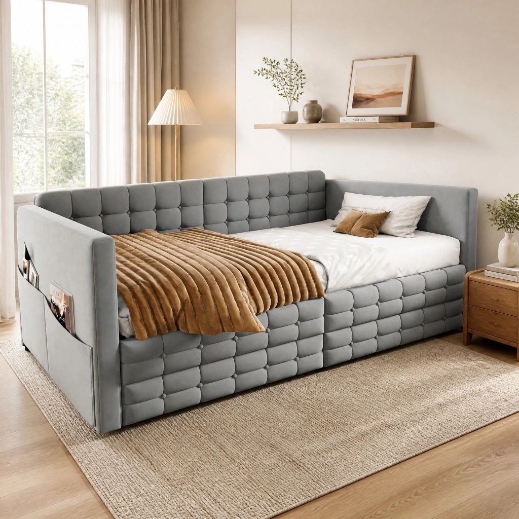 LETTO Imbottito 90x190 cm in velluto grigio chiaro con cassetti e tasche laterali