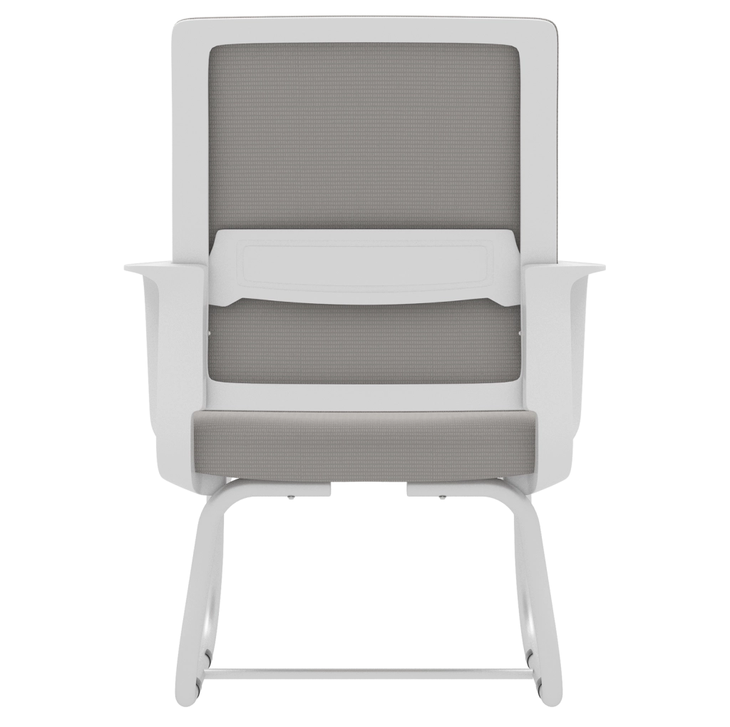 Sedia da ufficio con schienale in rete e struttura a slitta; grigio e bianco; metallo e legno