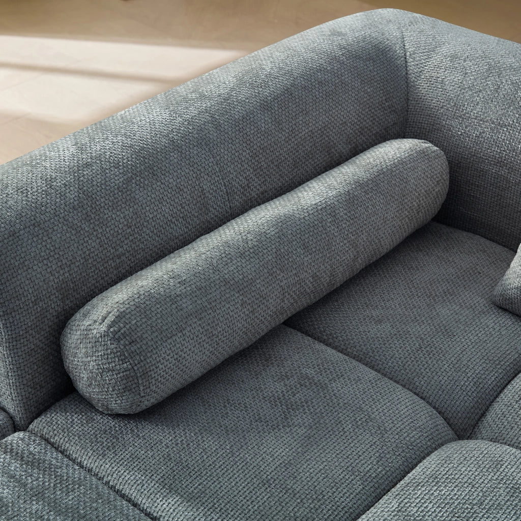 Divano angolare in chenille blu con tasca laterale; imbottitura in schiuma e molle