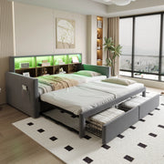 Letto imbottito estraibile 90x190 cm con contenitore, testiera con ripiani, luci LED, prese USB/Tipo C e 2 cassetti, velluto grigio